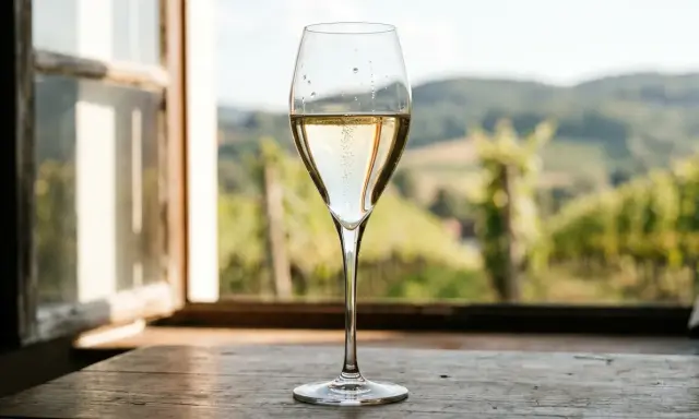 Ein Glas Champagner steht auf einem Holztisch vor einem Fenster mit Blick auf Weinberge. Der Alkoholgehalt von Champagner liegt typischerweise bei 12%.