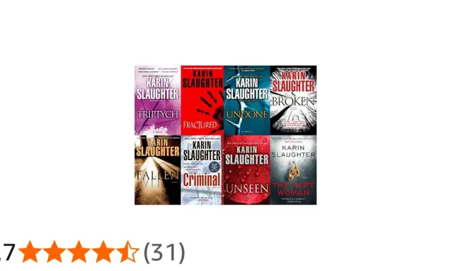Copertine di libri di Karin Slaughter, tra cui "Triptych", "Fractured", "Undone", "Broken", "Fallen", "Criminal", "Unseen" e "The Kept Woman", disposti in ordine cronologico.