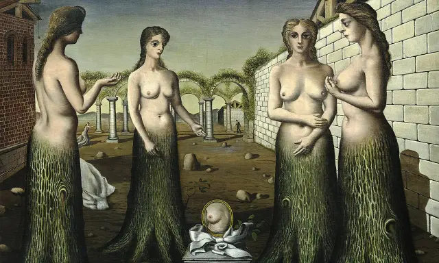 Four surreal figures, reminiscent of Paul Delvaux paintings, stand in a dreamlike landscape. Their lower bodies transform into tree trunks, their upper bodies bare.