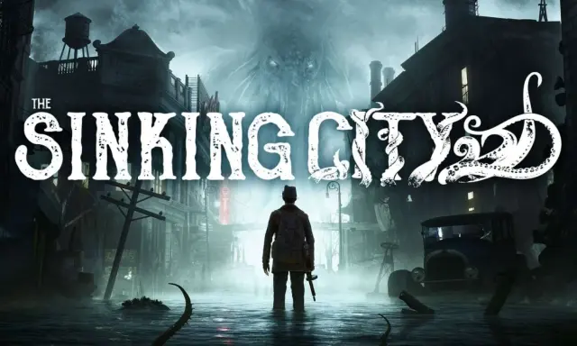 Mroczne miasto, zalane wodą, z przerażającym potworem w tle. Człowiek w kapeluszu stoi pośród ruin, przygotowany na walkę w **the sinking city**.
