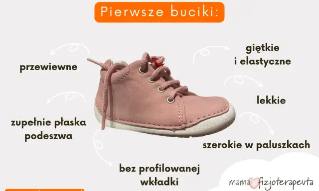 Różowe, pierwsze buciki dla dziewczynki: przewiewne, lekkie, szerokie w paluszkach, z płaską podeszwą i bez profilowanej wkładki.