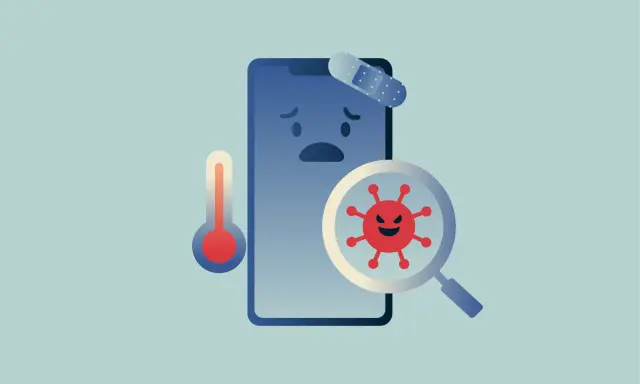 Trauriges Handy mit Pflaster und Fieberthermometer. Ein böser Virus wird unter dem Vergrößerungsglas entdeckt.
