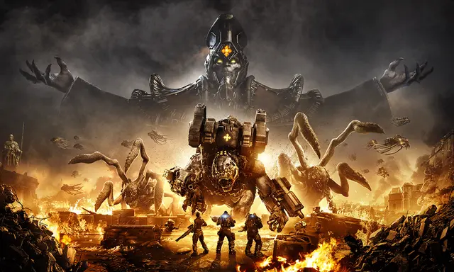 Żołnierze w zniszczonym mieście, przygotowują się do walki z potworami i gigantycznym robotem. W tle czai się złowrogi władca. To gra o przetrwanie i **gears tactics**.
