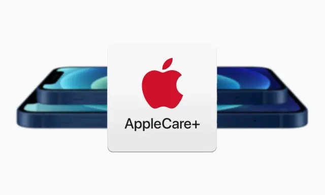 Karta AppleCare+ z logo Apple i iPhone'ami w tle. Zapewnij sobie spokój ducha dzięki gwarancji Apple.