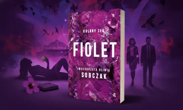 Okładka książki "Fiolet" Małgorzaty Olivii Sobczak. Tajemnicze postacie i mroczne kolory zła kolejność tworzą atmosferę intrygi.