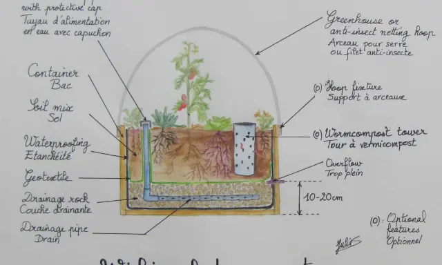Schéma d'un **wicking bed francais** : bac, terre, tuyau d'eau, drainage, tour à vermicompost, sous serre.