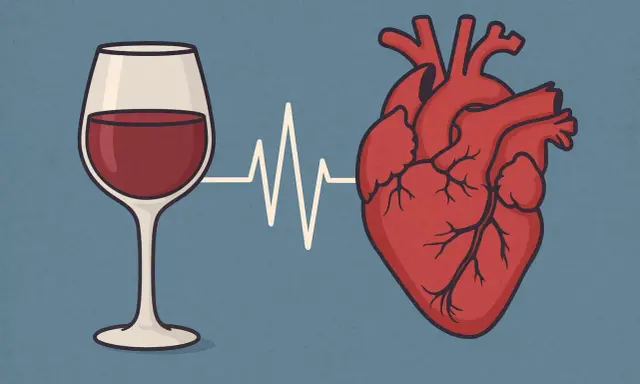 Kieliszek wina połączony linią EKG z sercem. Ilustracja symbolizuje związek między alkoholem a niewydolnością serca.