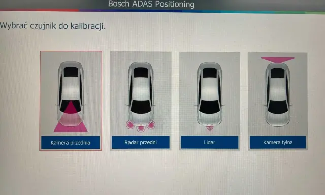 System ADAS: wybór czujnika do kalibracji - kamera przednia, radar, lidar, kamera tylna.