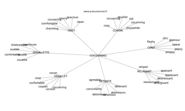 Carte mentale explorant le concept de "cocooning" et ses synonymes : douillet, cosy, relaxant, confortable, chaleureux, nid douillet.