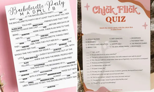 Juegos para despedida de soltera: un divertido juego de Mad Libs y un quiz de películas románticas para celebrar a la futura novia.