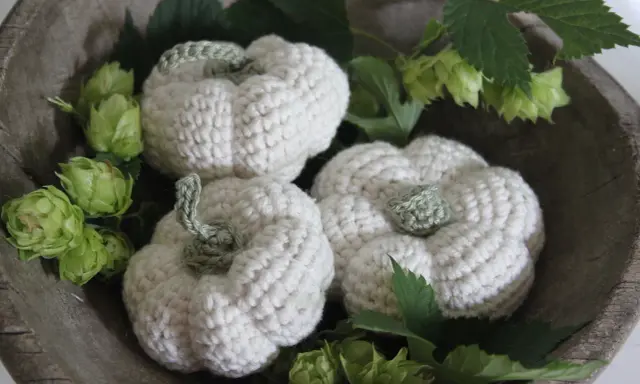 Trzy kremowe dynie na szydełku w drewnianej misie, ozdobione zielonymi chmielinami.