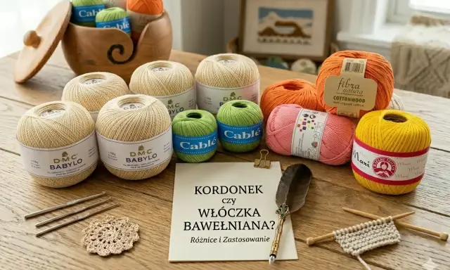 Kordonek czy włóczka bawełniana? Na stole kłębek pomarańczowej, różowej i żółtej bawełny, zielone i beżowe kłębki, szydełka i próbka dzianiny.