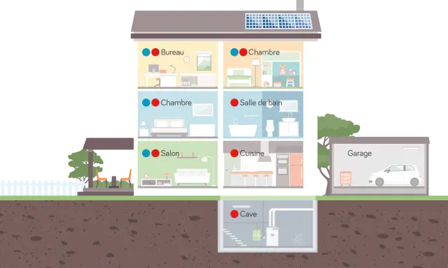 Illustration d'une maison avec ses pièces (bureau, chambres, salon, cuisine, salle de bain, cave, garage). Utile pour savoir comment calculer le nombre de pièces pour une assurance habitation.