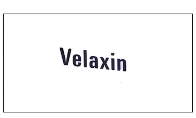 Napis "Velaxin" na białym tle. Informacje o leku, w tym potencjalne velaxin skutki uboczne, są kluczowe dla pacjentów.