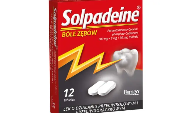 Opakowanie leku Solpadeine, zawierającego leki opioidowe, na bóle zębów. W zestawie 12 tabletek.