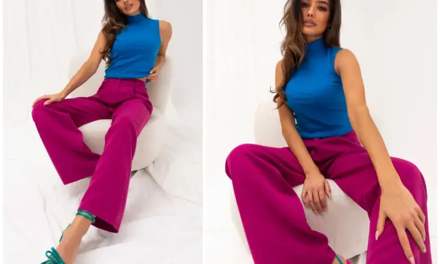 Modelka w niebieskim golfie i fuksjowych spodniach. Idealna stylizacja: jaka bluzka do niebieskich spodni?