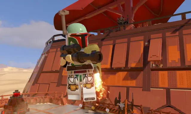 Boba Fett w grze Lego Star Wars: The Skywalker Saga, gotowy do akcji na pokładzie statku. Sprawdź lego star wars the skywalker saga wymagania!