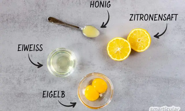 Zutaten für eine Haarkur selber machen: Eiweiß, Eigelb, Honig und Zitronensaft sind bereit.
