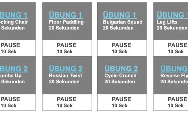Tabata Workout Deutsch: Übungen wie Rocking Chair, Floor Paddling, Bulgarian Squad, Leg Lifts, Thumbs Up, Russian Twist, Cycle Crunch und Reverse Flys.