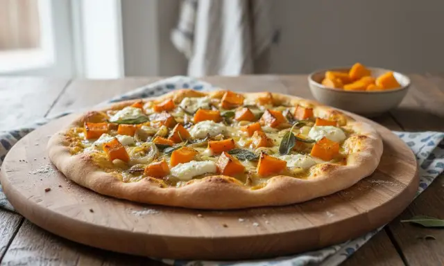 Pizza gourmande aux dés de courge, fromage frais et oignons caramélisés. Un délice automnal !