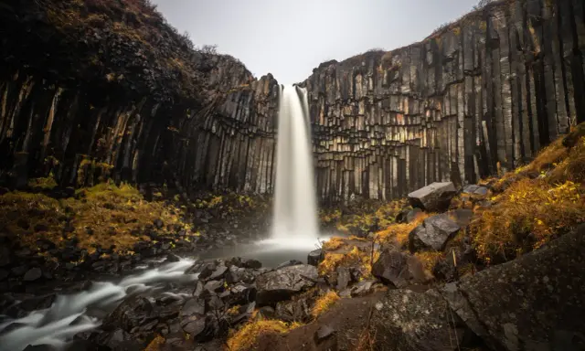 Svartifoss, najpiękniejszy wodospad, spada wśród bazaltowych kolumn. Woda tworzy mgiełkę, a jesienne trawy dodają koloru.