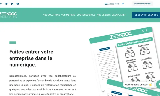 Exemple d'indexation de documents pour une gestion électronique efficace. Le système Zeendoc organise les fichiers par catégories : clients, fournisseurs, RH, comptabilité, notes de frais, archivage.