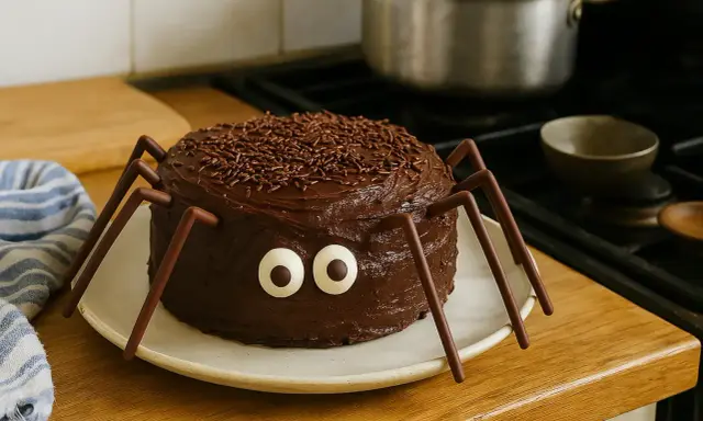 Un **gâteau effrayant Halloween** en forme d'araignée, tout chocolat avec des yeux globuleux et des pattes en bâtonnets. Parfait pour faire frissonner les gourmands !
