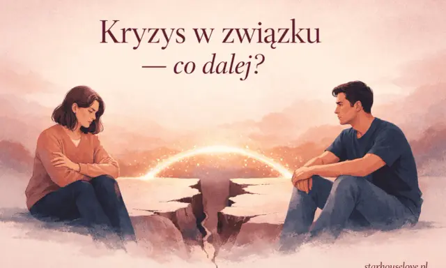 Para siedzi po przeciwnych stronach przepaści, symbolizującej niedopasowanie w związku. Nad nimi świetlisty łuk.