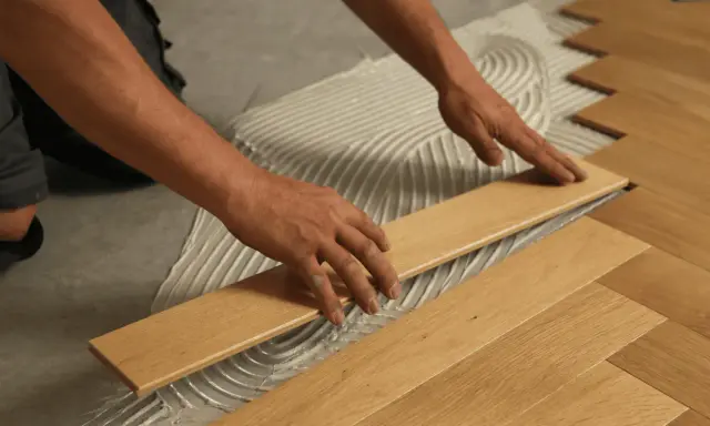 Man's hands carefully placing a wooden plank during the installation of floating flooring.