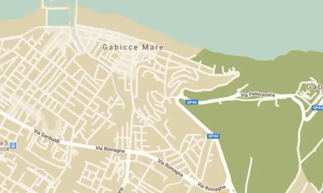 Cartina di Gabicce Mare e Cattolica, con strade, verde e il mare. Si vedono Gabicce Monte e Vigna del Mare.