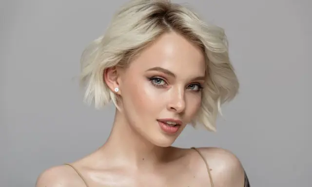 Mujer joven con cabello rubio platino y piel clara, con pecas sutiles y ojos azules penetrantes.