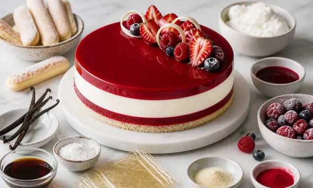 Gâteau glacé aux fruits rouges, avec des fraises, framboises et myrtilles. La décoration entremet fruit rouge est sublimée par un glaçage miroir éclatant.