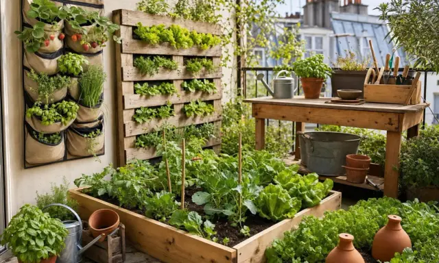 Un balcon luxuriant avec des fraises, des salades et des herbes aromatiques. Idéal pour savoir que faire pousser sur son balcon.