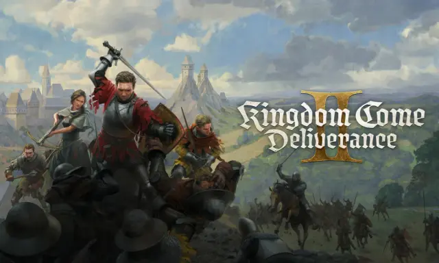 Bitwa w Kingdom Come: Deliverance II. Rycerze walczą mieczami i kuszą, a w tle widać zamek i kawalerię.