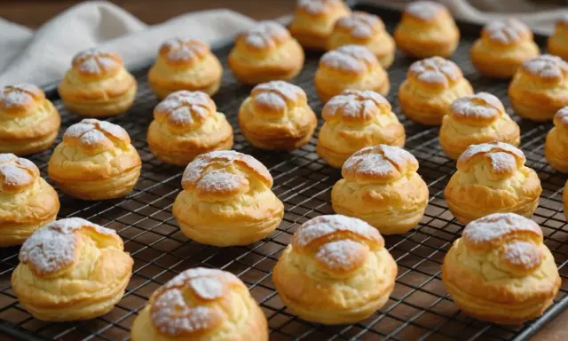Une grille remplie de choux pâtissiers dorés, saupoudrés de sucre glace. Ils attendent d'être dégustés.