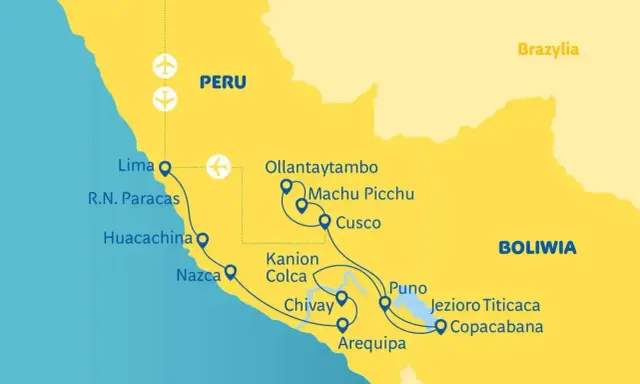 Mapa Peru z zaznaczonymi trasami turystycznymi. Machu Picchu znajduje się w pobliżu Cusco i Ollantaytambo.