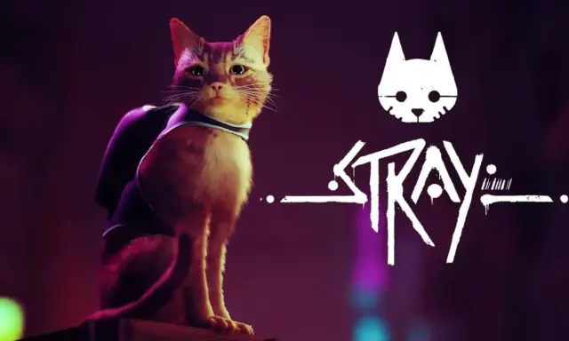 Kot z plecakiem na tle logo gry Stray. Ten kot to bohater gry, która jest dostępna w ramach Game Pass.