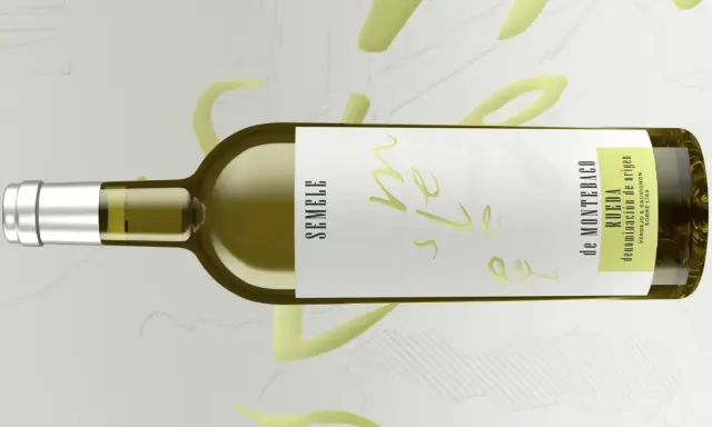 Botella de vino blanco Semele, un delicioso vino de Castilla y León, con etiqueta de Rueda, Denominación de Origen.