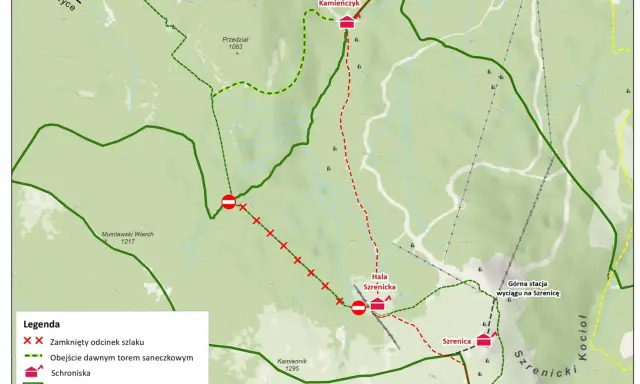 Mapa Karkonoszy: czerwone linie oznaczają zamknięte szlaki, zielone obwodnice. Czy szlaki w Karkonoszach są otwarte? Sprawdź mapę!