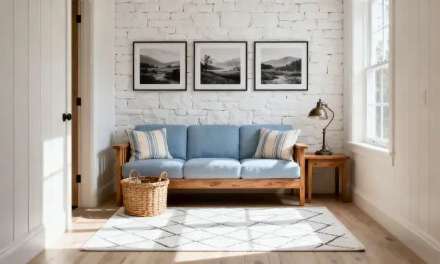 Un sofá azul claro es una excelente opción de color de sofá para paredes blancas, aportando serenidad y frescura a la estancia.
