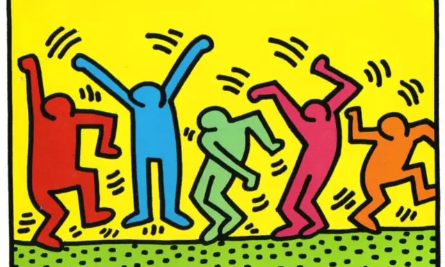 Keith Haring dancing figures meaning: vibrant, stylized figures in motion, embodying joy and unity.