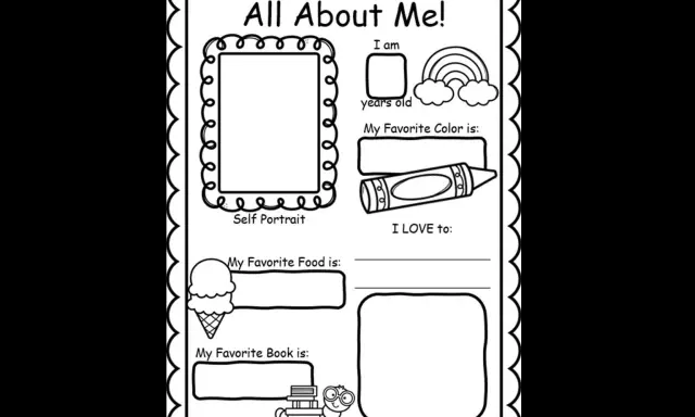 Scheda "All About Me" per la scuola primaria: spazio per autoritratto, età, colore preferito, cibo, libro e attività preferite.