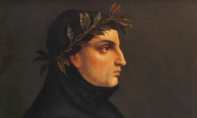 Ritratto di un uomo con corona d'alloro, che ricorda il riassunto di Andreuccio da Perugia e le sue avventure.