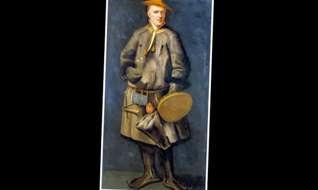 Porträtt av Carl von Linné i samisk dräkt, med en blombukett i handen.
