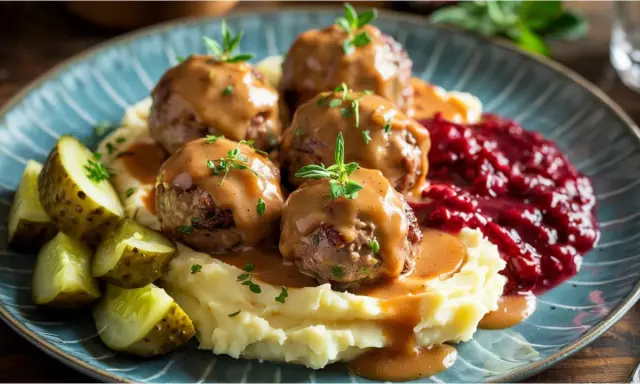 Pyszne szwedzkie jedzenie: klopsiki w sosie, puree ziemniaczane, pikle i żurawina.