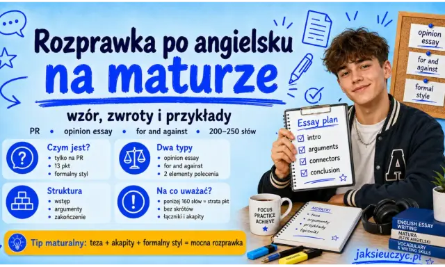 Chłopak prezentuje plan eseju typu opinion essay. Grafika zawiera wskazówki dotyczące struktury i typów rozprawki na maturze.