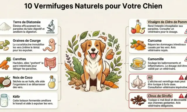 Un chien joyeux entouré d'ingrédients naturels pour lutter contre les vers. L'image liste 10 remèdes, comme les graines de courge, pour aider votre chien.
