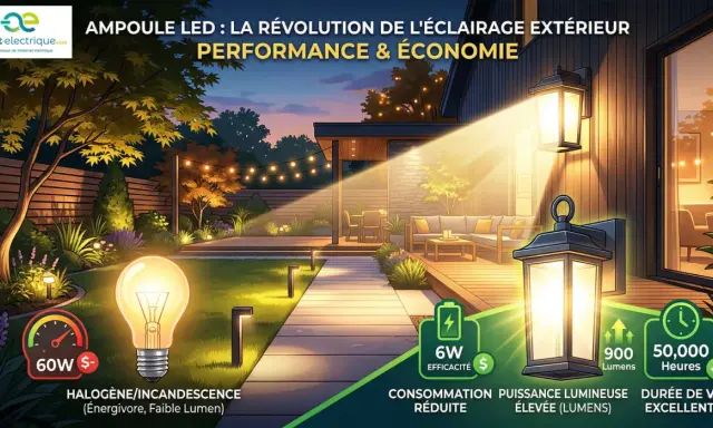 Jardin illuminé par des lanternes LED modernes, contrastant avec une ampoule halogène énergivore. Économie et performance.