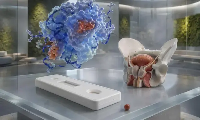 Model miednicy z pęcherzem i prostatą, test diagnostyczny i molekularna struktura. Symbolizuje diagnostykę i leczenie, np. norma psa po usunięciu prostaty.