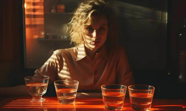 Kobieta z kręconymi włosami siedzi przy stole z czterema szklankami wody. Cienie padają na jej twarz, sugerując, że jest cichym alkoholikiem.
